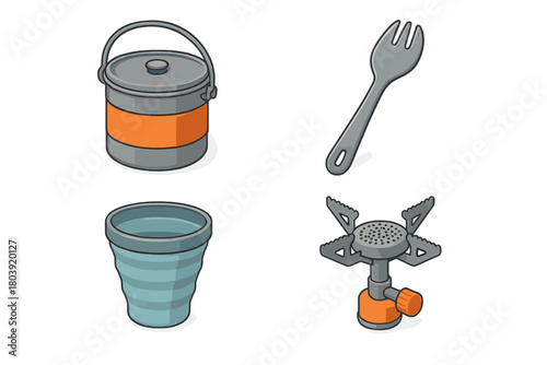 Portable outdoor cooking gear set with camping pot, gas stove, spork, and collapsible mug