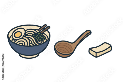Japanese ramen noodle soup bowl with chopsticks, wooden spoon, and tofu block on white background