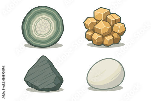 Stylized collection of natural stones, minerals, and crystals isolated on white background