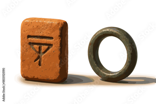 Ancient terracotta block with engraved symbol and weathered oxidized metal ring