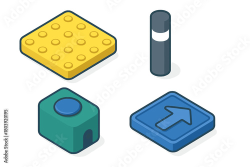 Isometric set of urban infrastructure elements: tactile paving, bollard, control box, and directional arrow sign
