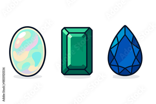 Three precious gemstones set isolated on white background featuring opal emerald and sapphire