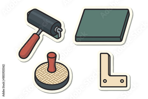 Essential printmaking tools set featuring brayer roller printing block and corner square ruler