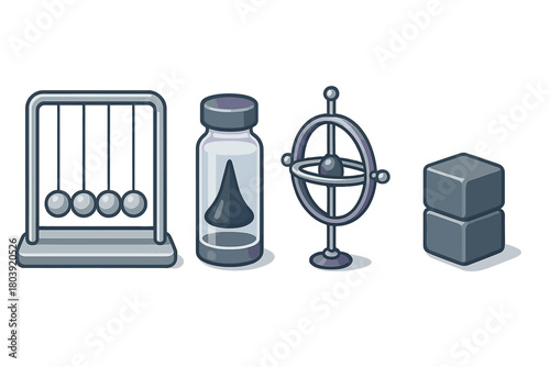 Scientific physics equipment set including Newton's cradle and gyroscope model