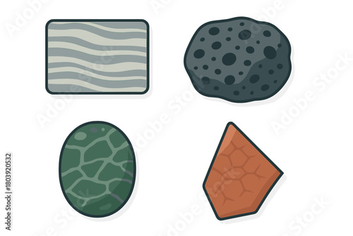 Four stylized geological rock and stone material icons for science and nature