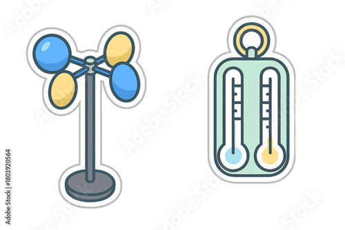 Set of weather station instruments including anemometer and thermometer for measurement