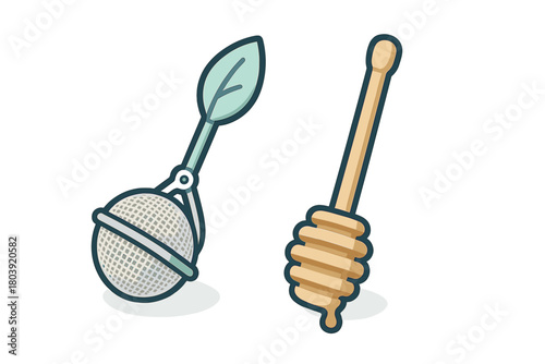 Tea infuser ball with leaf handle and wooden honey dipper with dripping honey isolated on white background