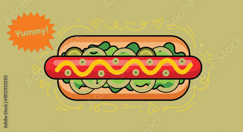 Delicious hot dog with mustard and pickles, presented with a "Yummy!" speech bubble.