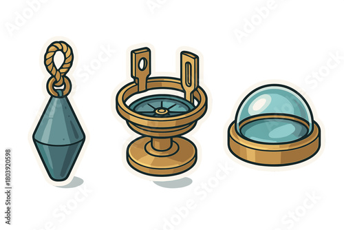 Gimbaled compass, plumb bob, and glass dome cover nautical navigation set