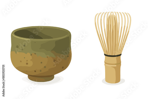 Textured ceramic chawan and natural bamboo chasen essential tools for matcha preparation