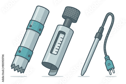 Specialized scientific instruments including a core sampler, measuring gauge, and electrical sensor probe
