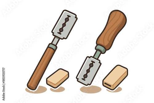 Pair of baker's lames with wooden handles and razor blades beside small pieces of bread dough