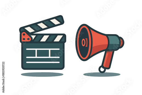 Classic movie clapperboard and megaphone icon representing film production