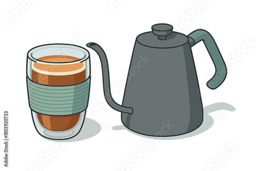 Modern gooseneck kettle and double-walled glass cup with freshly brewed coffee