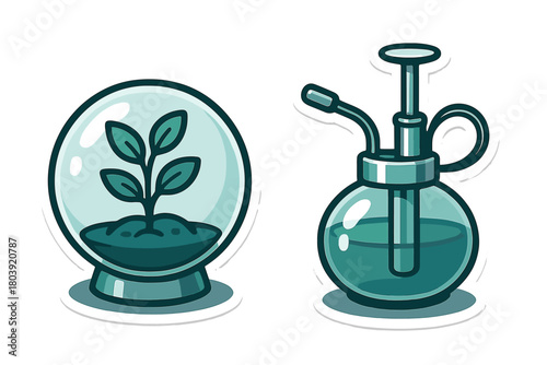 Glass globe terrarium with growing plant seedling and vintage glass spray bottle atomizer