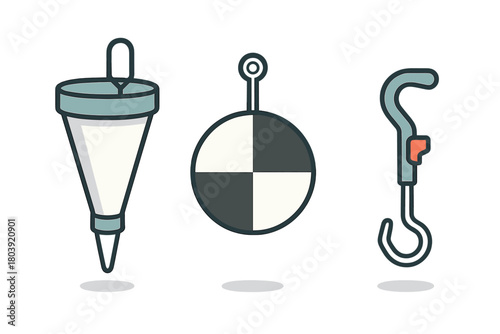 Nautical equipment featuring conical buoy, checkered marker, and boat hook icons