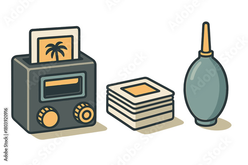 Vintage slide viewer machine with a stack of photographic slides and a camera dust blower tool