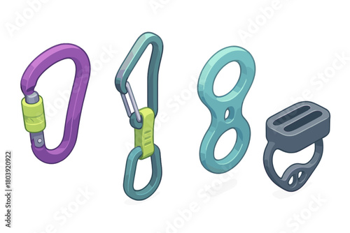 Colorful collection of essential climbing and mountaineering safety gear and hardware