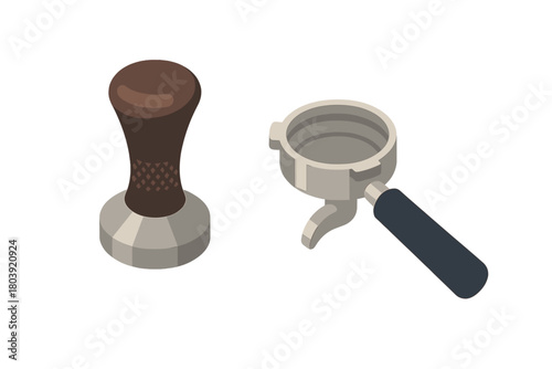 Barista equipment set featuring a coffee tamper and an espresso machine portafilter