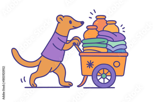 Cute animal character pushing a wagon filled with colorful laundry and cleaning supplies