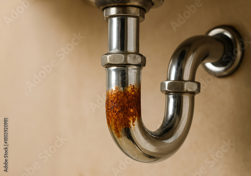 Rusty chrome sink pipe with corrosion on the U-bend. Close-up of plumbing damage, metal deterioration and moisture issues under the sink.