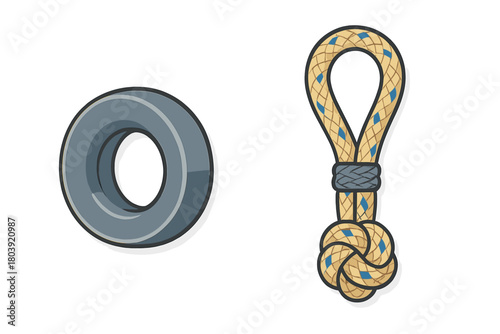 Gray rubber ring and braided rope toy with monkey fist knot for pet play or marine use