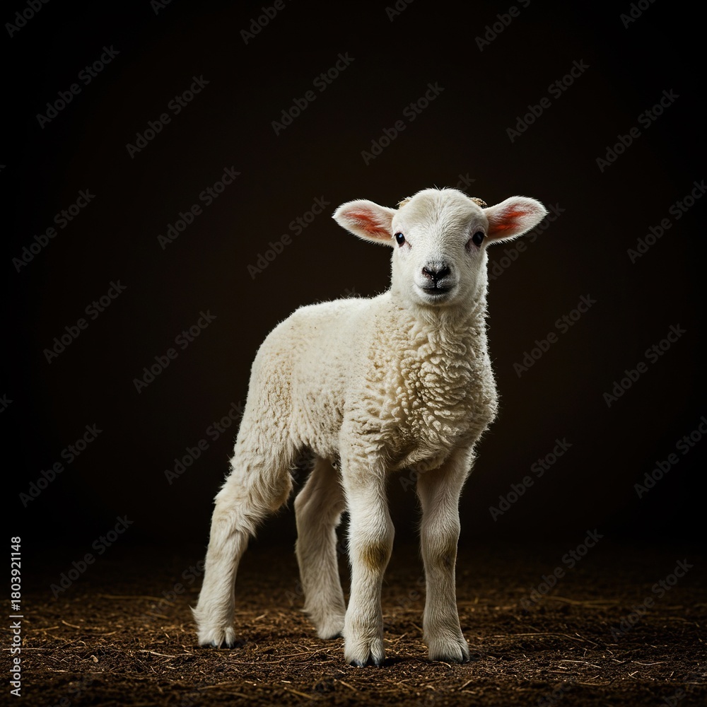 Obraz premium A fluffy young lamb stands prominently, symbolizing inherent natural wealth and a foundational medium of exchange in a rustic economic system ,economy ,agriculture ,natural