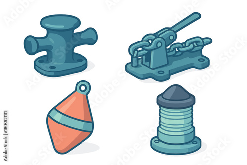 Nautical mooring equipment and safety devices featuring a dock bollard, chain tensioner, striped buoy, and pedestal