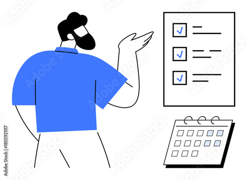 Person pointing to a checklist while a calendar emphasizes scheduling and productivity. Ideal for planning, task management, organization, time efficiency, teamwork, goal setting, strategy. A simple