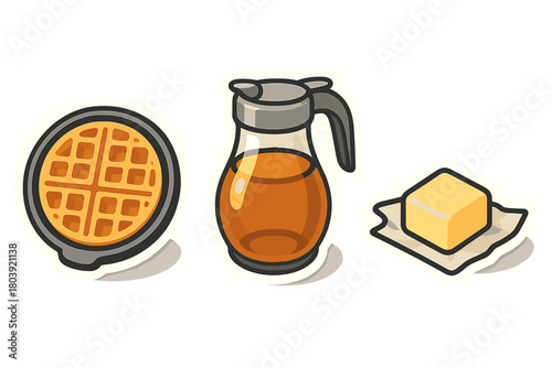 Golden waffle with rich maple syrup in a pitcher and a cube of melting butter