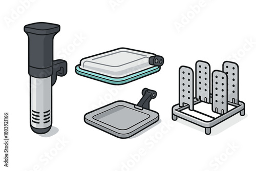 Modern kitchen equipment set for precision cooking including immersion circulator and sous vide accessories