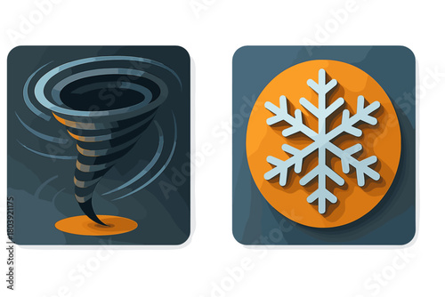 Stylized weather icons showing a powerful tornado and a detailed snowflake symbol