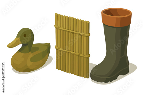 Still life grouping of a green rubber duck, woven bamboo screen, and dark gardening boot
