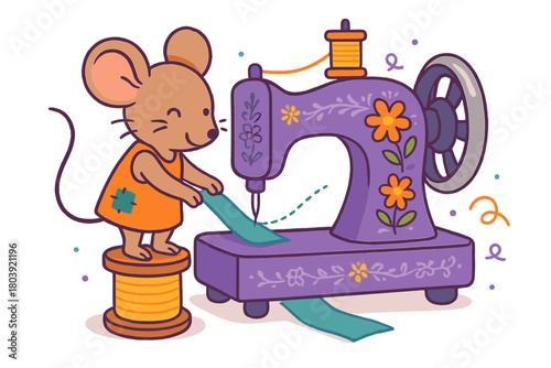 Adorable little mouse operating an antique sewing machine decorated with floral patterns