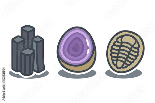Basalt columns, amethyst geode, and trilobite fossil representing geology and paleontology