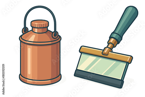 Vintage milk can and window squeegee cleaning tool set isolated on white background