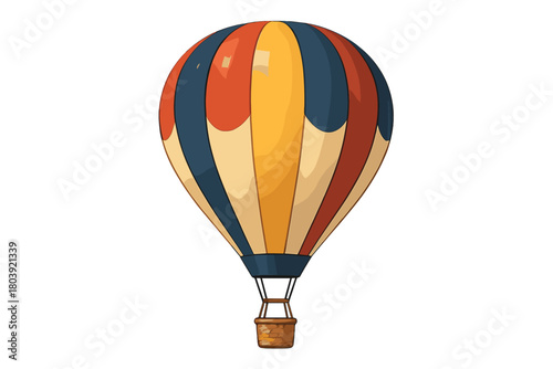 Traditional striped hot air balloon with wicker basket ready for flight and adventure
