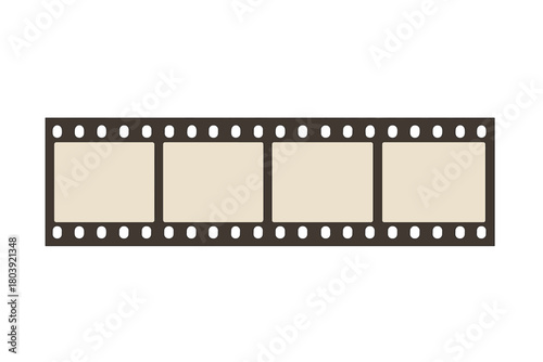 Blank film strip with four frames and sprocket holes on a white background