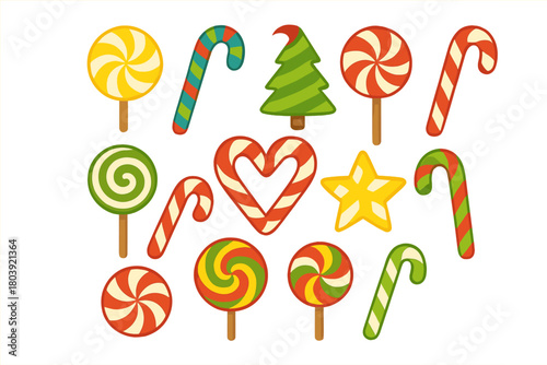 Festive Christmas candies and sweets assortment including striped candy canes and swirl lollipops