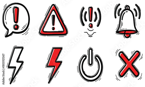 Set of warning, alert, and power icons in a hand-drawn style with exclamation marks and other symbols