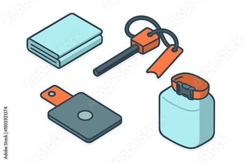 Essential outdoor survival equipment including fire starter, water bottle, and folded towel