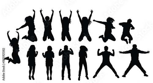 Diverse group of joyful people celebrating with arms raised against a clean white background