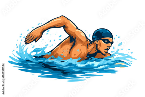 Competitive swimmer performing the front crawl stroke with dynamic water splash and movement