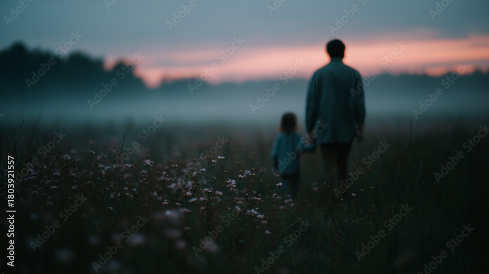 Fototapeta premium Silhouetted father and daughter holding hands, walking through a misty field at sunset, surrounded by wildflowers.