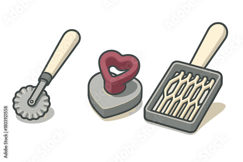 Essential kitchen utensils for preparing fresh homemade pasta dough and decorative pastry shapes