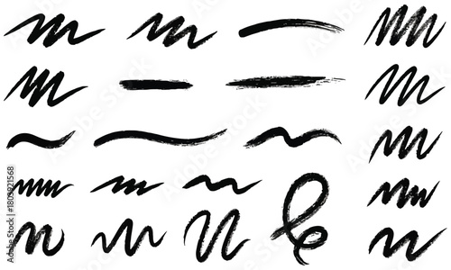 Set of diverse black ink brush stroke lines and doodles for artistic and graphic design elements