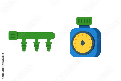 Green irrigation manifold connector and blue fluid testing bottle for agriculture