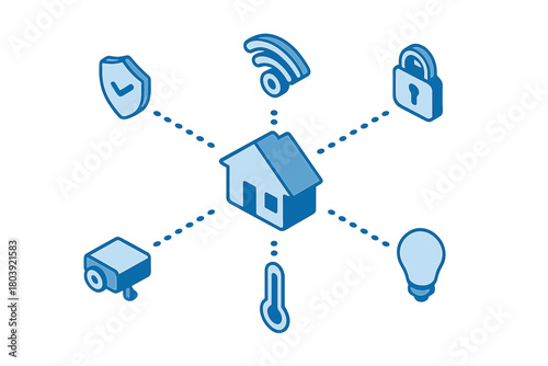 Isometric smart home network diagram connecting security, climate control, and connectivity icons