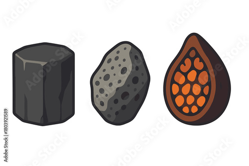 Stylized resource materials set featuring polygonal chunk, porous stone, and segmented pod