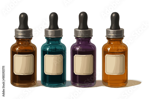 Row of four vintage colored glass dropper bottles with blank labels and black rubber bulbs